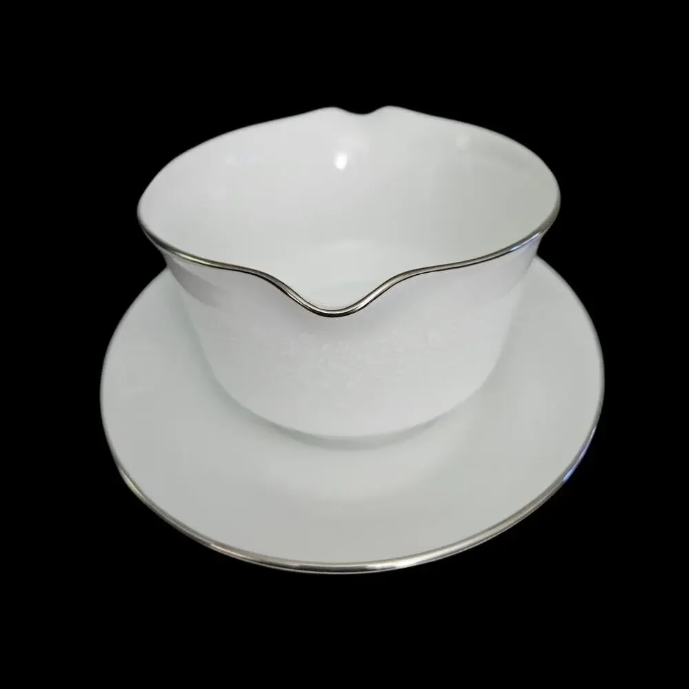 Noritake Reina 6450 Gravy Boat w Attached Underplate White Floral Platinum Trim